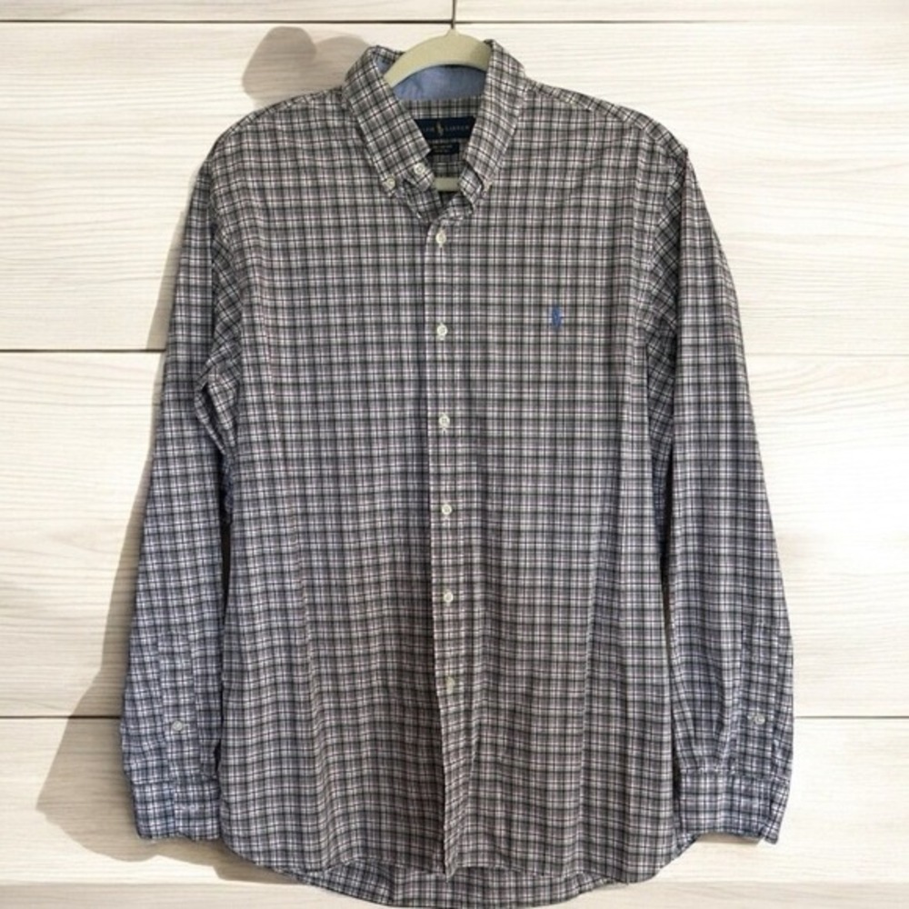 Ralph Lauren Grey Pink Button Down Shirt Classic Fit Plaid Long Sleeve Size L